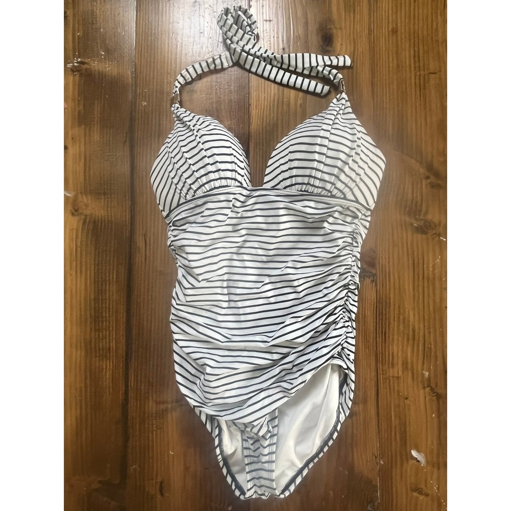 Black‎ White Nautical Striped Ruched One Piece Halter Swimsuit Bathing Suit